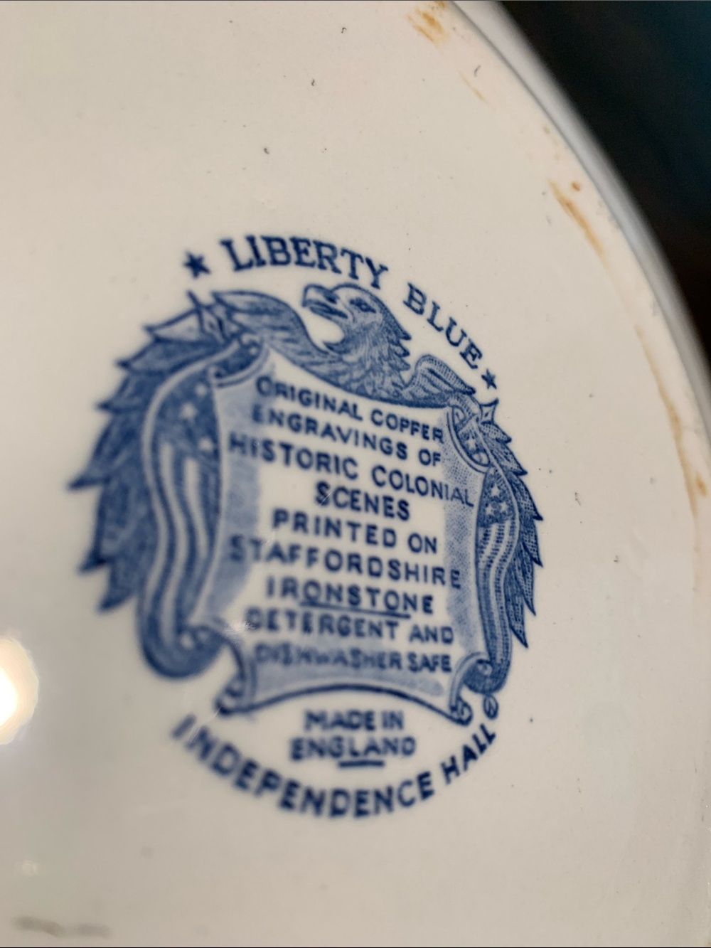 Blue Transferware Dinner Plate with Scenic Center and Floral Border - Picture 6 of 9